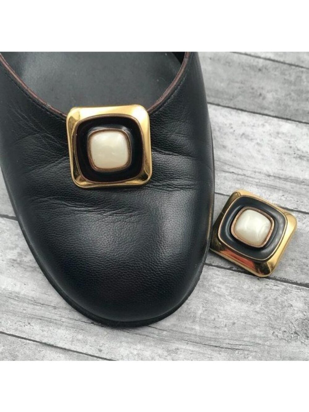 Vintage Bluette Square Shoe Clips Gold Black Ivory Made In France